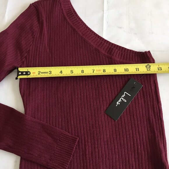 Lulus Ribbed One-Shoulder Long Sleeve Top in Burgundy‎ Size Medium - Picture 3 of 4